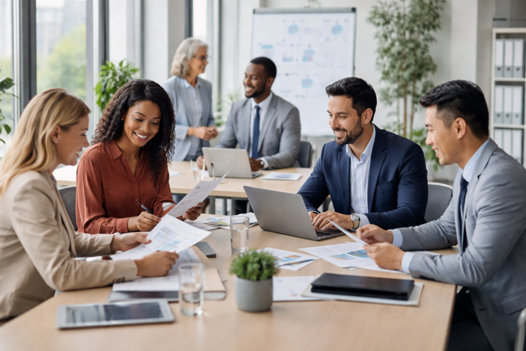 Diverz, professzionális csapat a Jobtain minősített munkaerő kölcsönző cégnél munkamegbeszélésen.