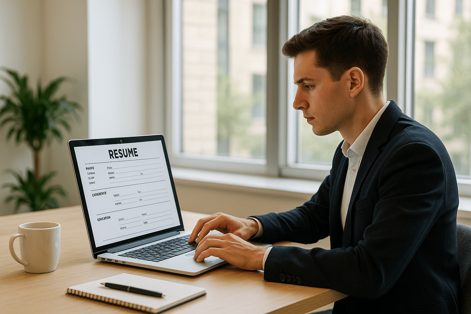 Fiatal szakember online önéletrajz készítővel modern irodában dolgozik.