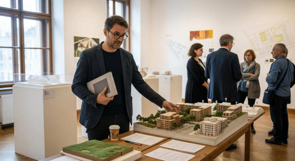 Könyvet tartó városfejlesztő a Műcsarnokban, fenntartható urbanizáció makettje mellett