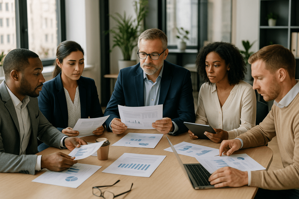 HR audit szakértők üzleti megbeszélésen modern irodában dokumentumokat elemzve