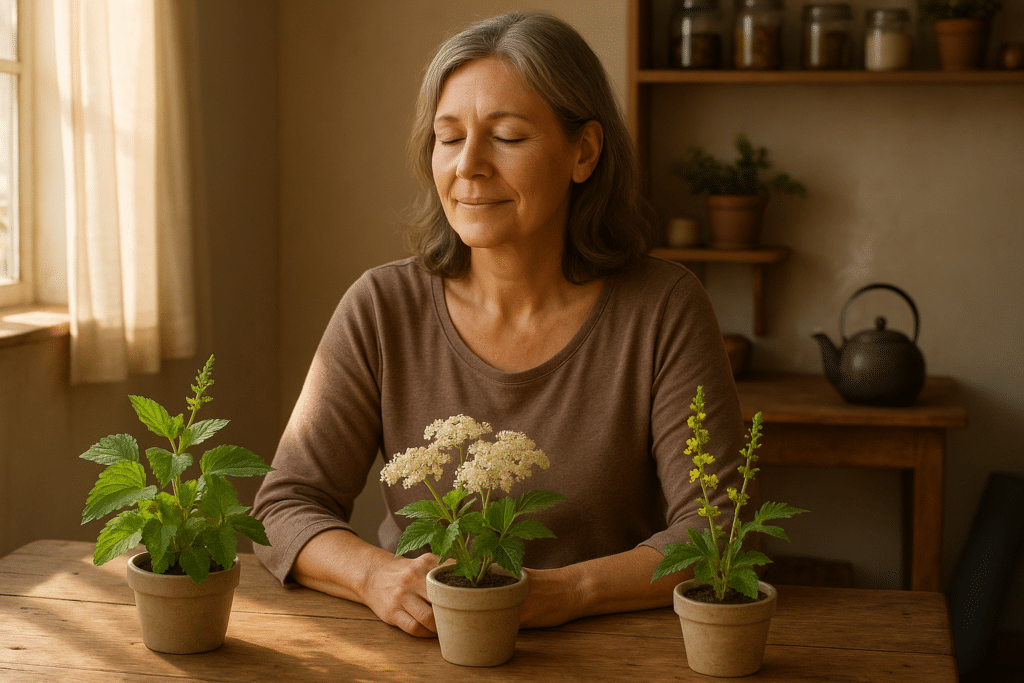 Nyugodt nő gyógynövényekkel a menupauza támogatására otthon</assistant
