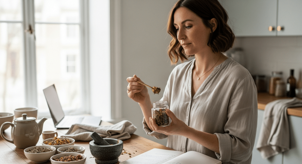 Nő készít személyre szabott gyógynövénykeveréket — természetes egészségmegőrzés