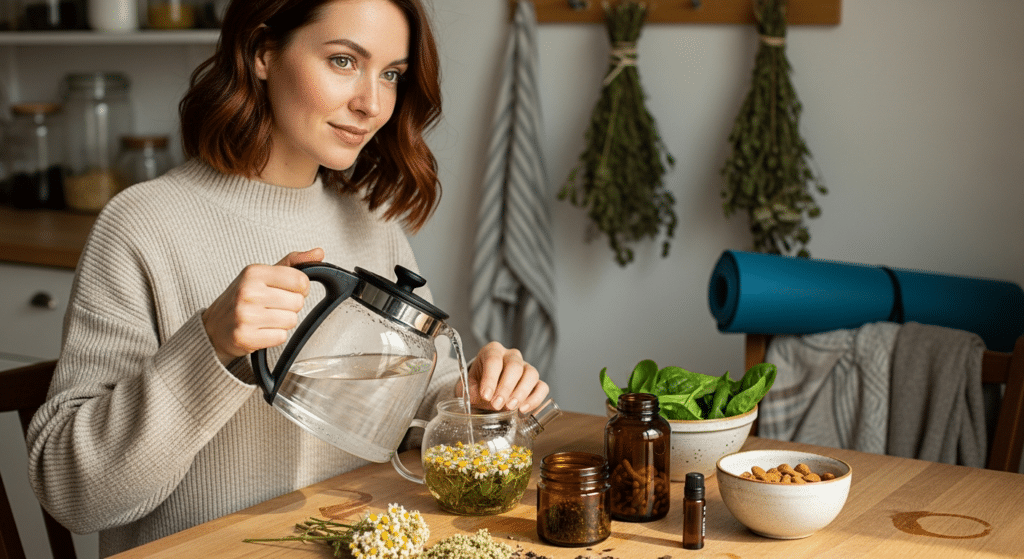 Nő készít gyógynövényes teát természetes megoldások menstruációs görcsökre támogatásként