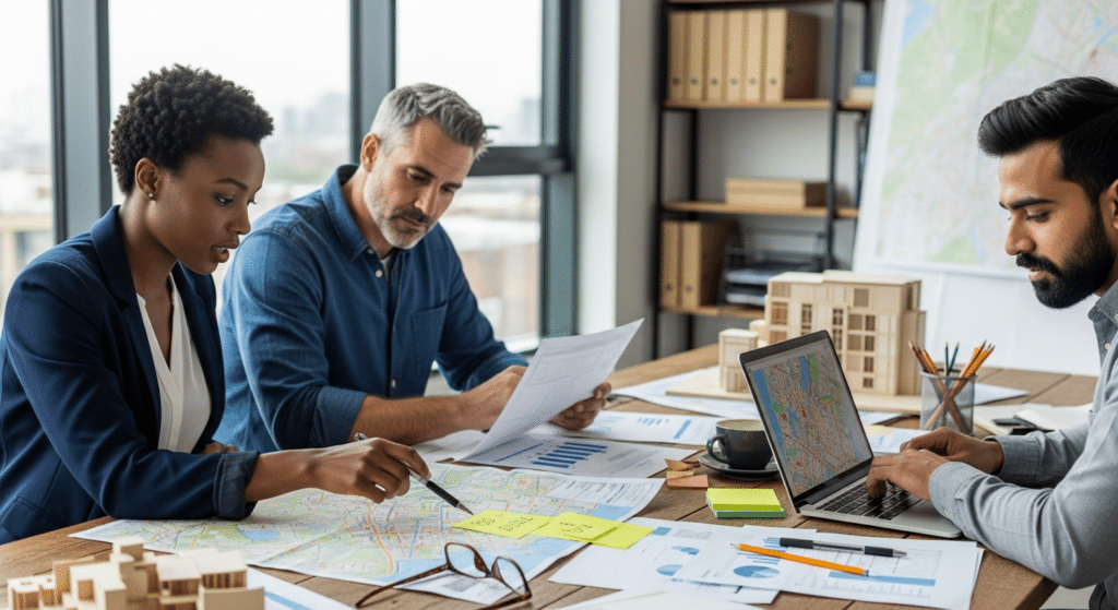 Három szakember együtt tanulmányoz térképeket és városfejlesztési kutatási anyagok